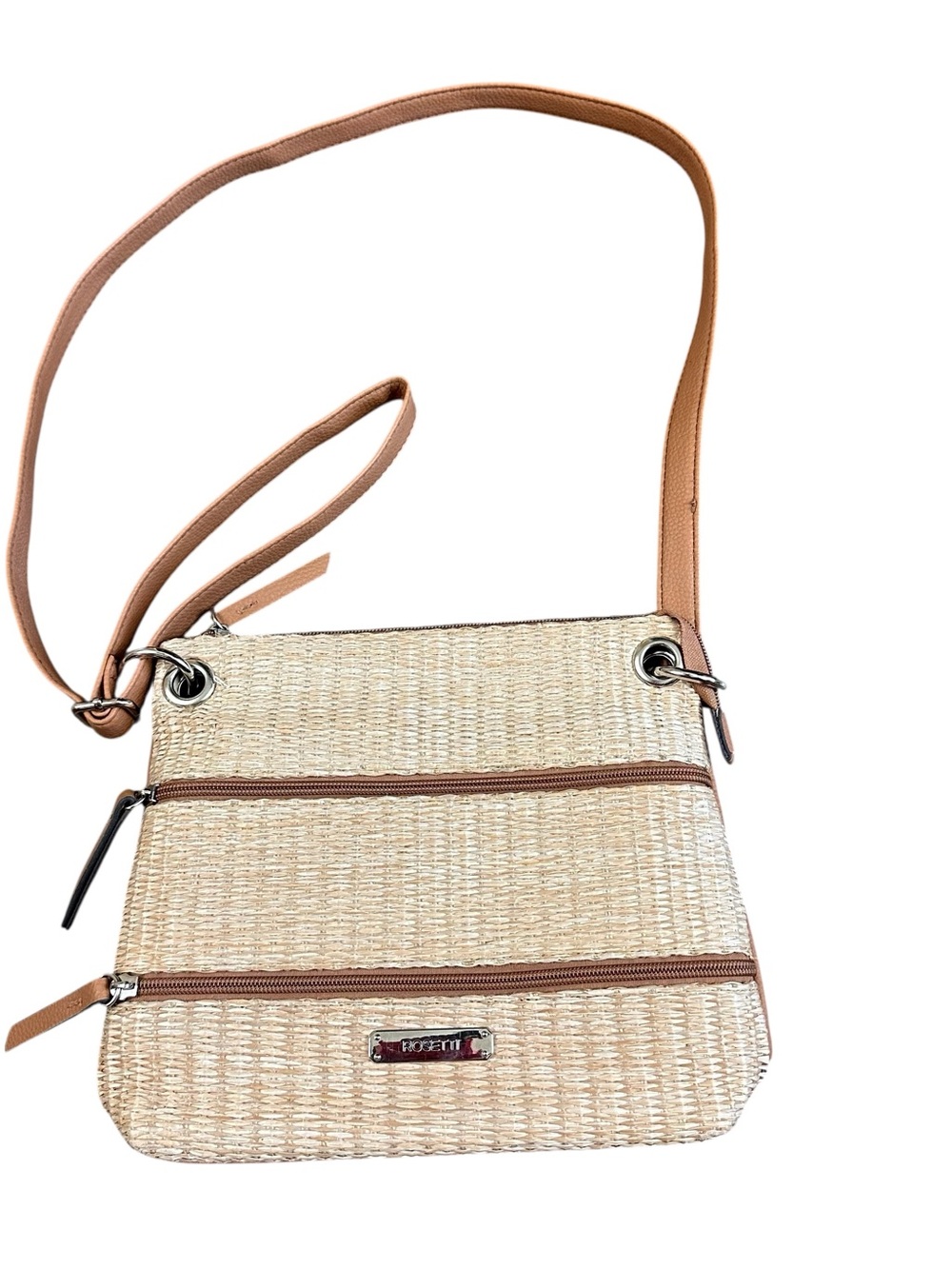 Rosetti Woven Hemp Blend Crossbody Bag Tan Straw Look Zip Purse